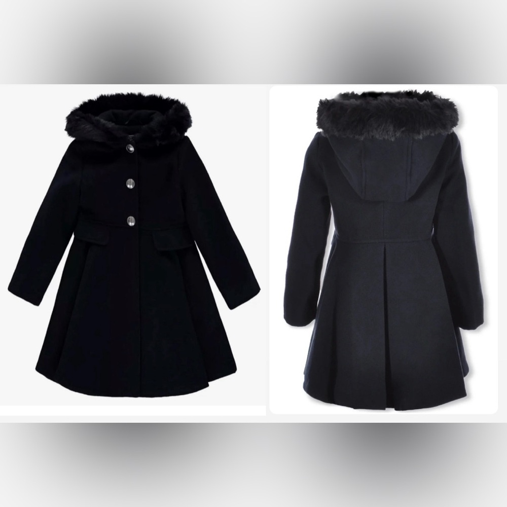 Rothschild Big Girls Hooded Faux Fur Trim Coat- (Size: M) (Color: Navy)